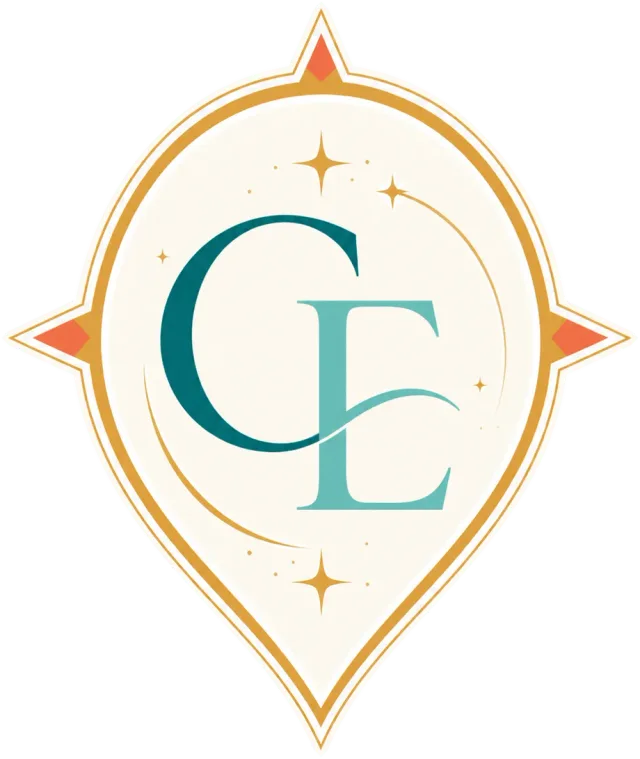 Cass Enchants Travel logo — a CE monogram inside a gold compass badge